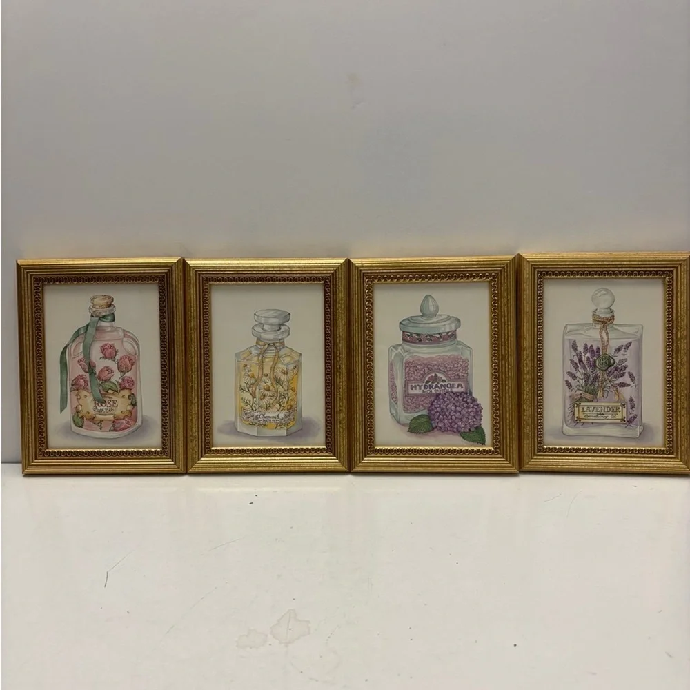4 PC SET of FRAMED ART PRINTS - Bottles with Aroma/ bath oils